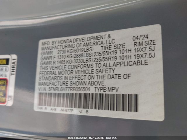 5FNRL6H77RB056504 Honda Odyssey Sport