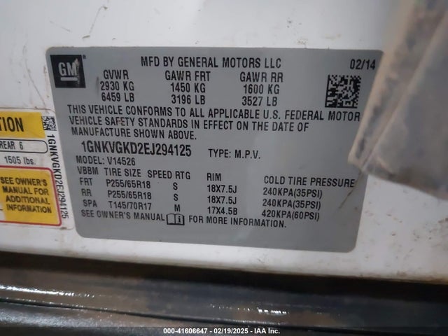Chevrolet Traverse 1lt 2014 1GNKVGKD2EJ294125 Image 9