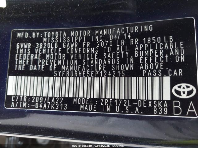 5YFBURHE5EP124215 Toyota Corolla L/le/le Pls/prm/s/s Pls