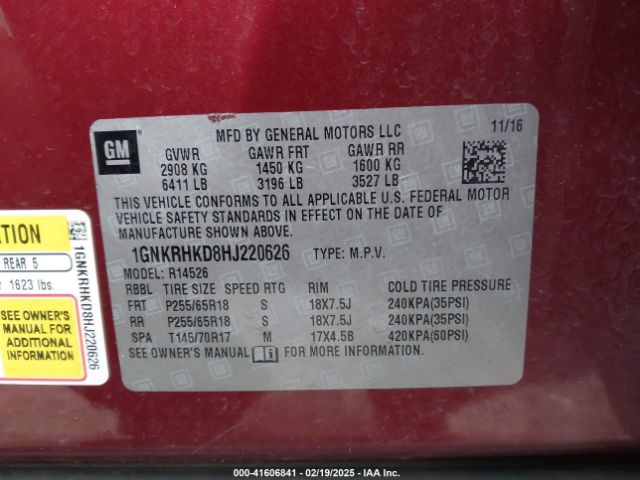 1GNKRHKD8HJ220626 Chevrolet Traverse 2lt