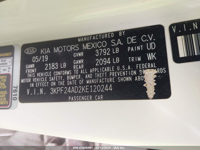 Продажа на аукционе авто 2019 Kia Forte Lxs, vin: 3KPF24AD2KE120244, номер лота: 41606891