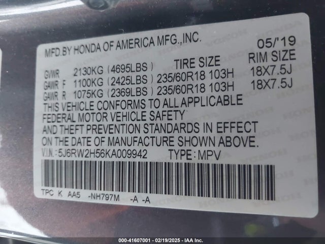 5J6RW2H56KA009942 Honda CR-V EX