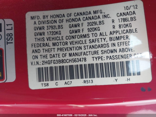 Продажа на аукционе авто 2012 Honda Civic Ex, vin: 2HGFG3B80CH563478, номер лота: 41607059