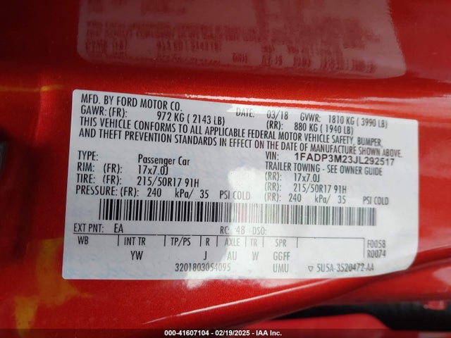 1FADP3M23JL292517 Ford FOCUS SEL