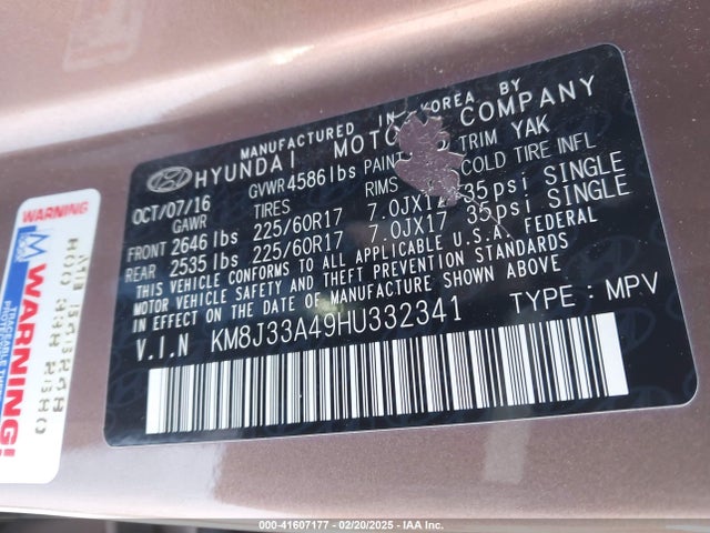 KM8J33A49HU332341 Hyundai TUCSON SE