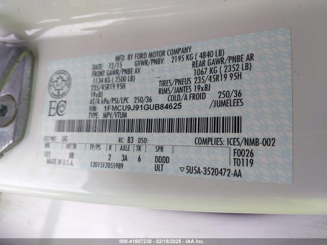 1FMCU9J91GUB84625 Ford Escape Titanium