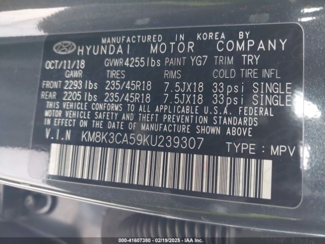 KM8K3CA59KU239307 Hyundai Kona Limited