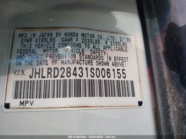 2001 Honda Cr-v Lx მანქანა იყიდება აუქციონზე, vin: JHLRD28431S006155, აუქციონის ნომერი: 41607630