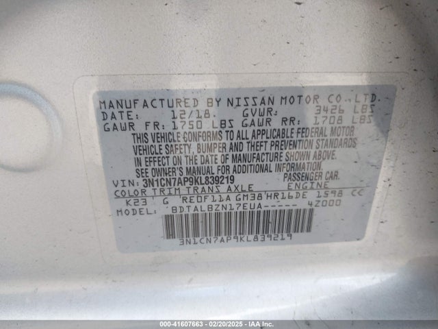 3N1CN7AP9KL839219 Nissan Versa 1.6 Sv
