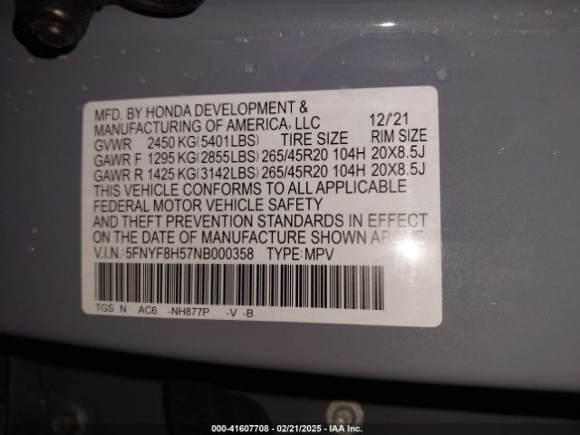 5FNYF8H57NB000358 Honda Passport Awd Ex-l