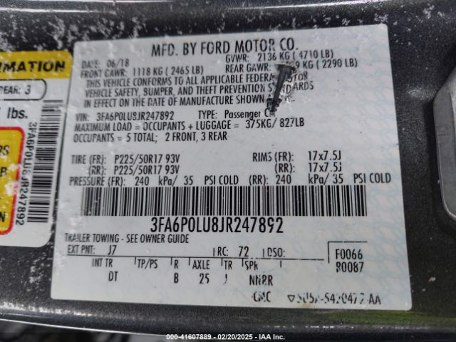 2018 FORD FUSION HYBRID 3FA6P0LU8JR247892 Photo 8