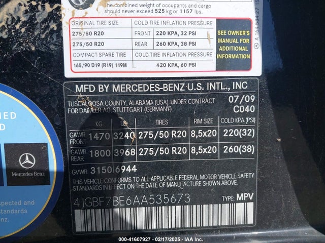 41607927 :رقم المزاد ، 4JGBF7BE6AA535673 vin ، 2010 Mercedes-benz Gl 450 4matic مزاد بيع