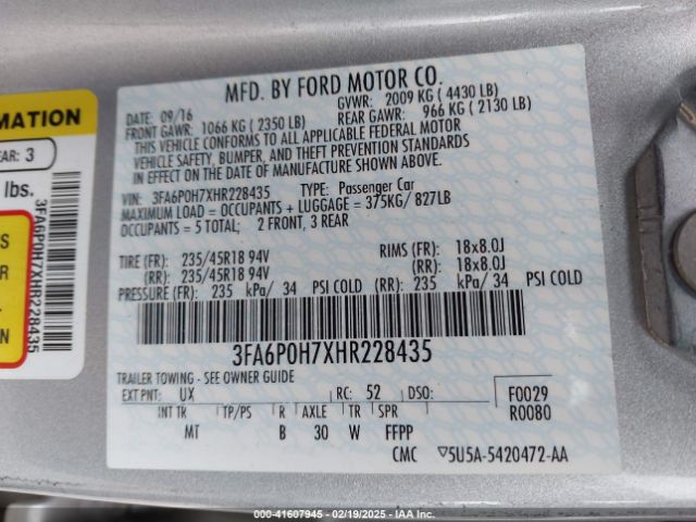 3FA6P0H7XHR228435 Ford FUSION SE