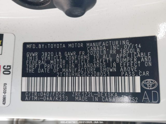 2T1BURHE5EC208051 Toyota Corolla S