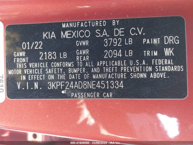 3KPF24AD8NE451334 KIA Forte Lxs