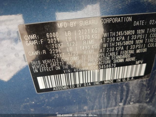4S4WMAJD2K3458870 Subaru Ascent Limited