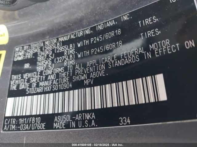 5TDZARFHXFS010904 Toyota Highlander Le