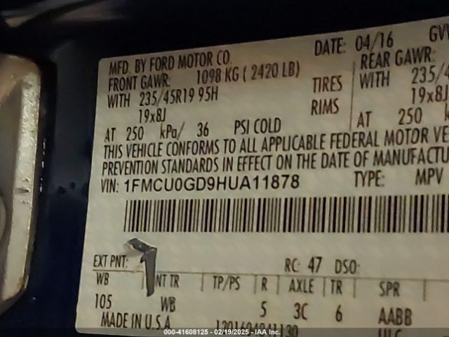 1FMCU0GD9HUA11878 Ford ESCAPE SE