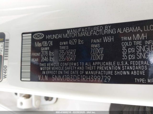 5NMJB3DE1RH399729 Hyundai TUCSON SEL
