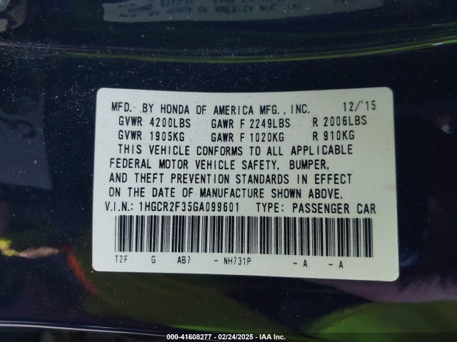 Honda ACCORD LX 2016 1HGCR2F35GA099601 Image 9