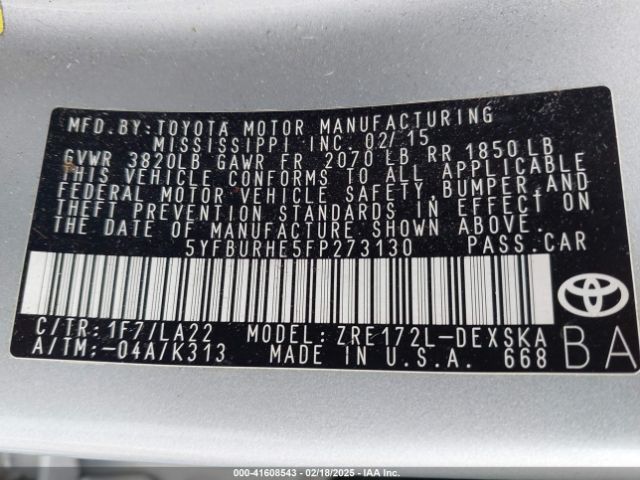 5YFBURHE5FP273130 Toyota Corolla S Premium