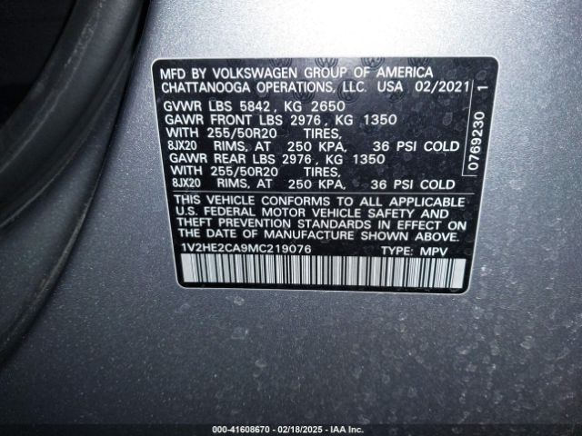 1V2HE2CA9MC219076 Volkswagen Atlas Cross Sport 3.6l V6 Se W/technology