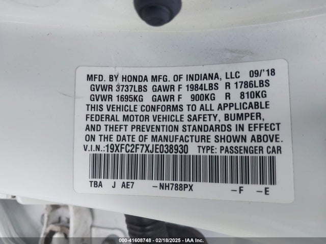 Honda CIVIC EX 2018 19XFC2F7XJE038930 Image 9