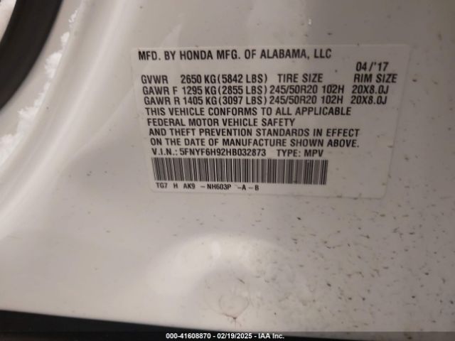 5FNYF6H92HB032873 Honda Pilot Touring