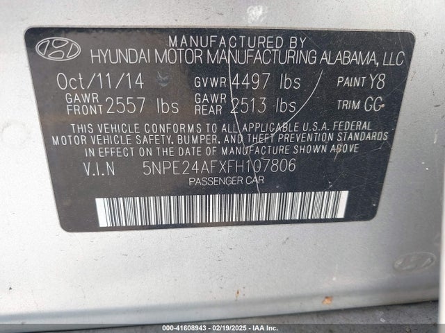 5NPE24AFXFH107806 Hyundai SONATA SE