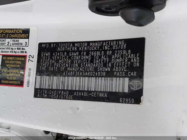 2010 Toyota Camry Le მანქანა იყიდება აუქციონზე, vin: 4T4BF3EK5AR024938, აუქციონის ნომერი: 41608962