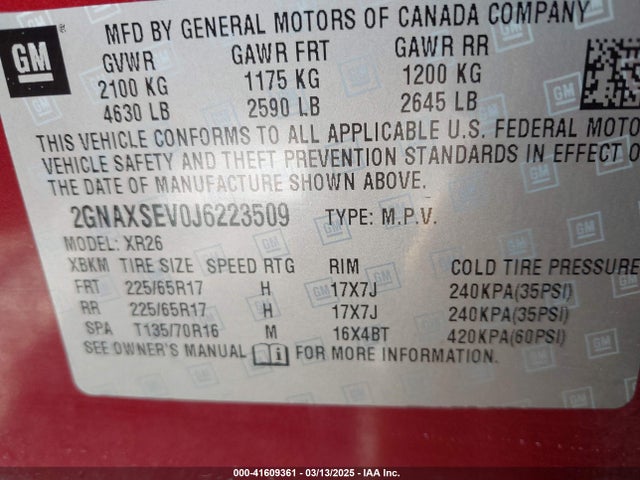 2GNAXSEV0J6223509 Chevrolet EQUINOX LT