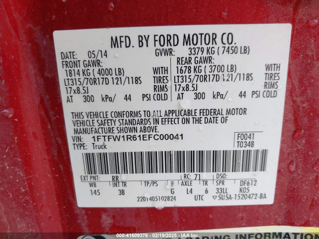 Ford F-150 Svt Raptor 2014 1FTFW1R61EFC00041 Image 9