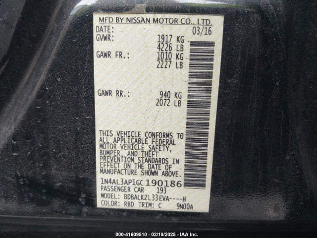 1N4AL3AP1GC190186 Nissan Altima 2.5 Sv