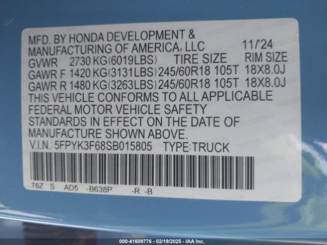 5FPYK3F68SB015805 Honda Ridgeline Trailsport