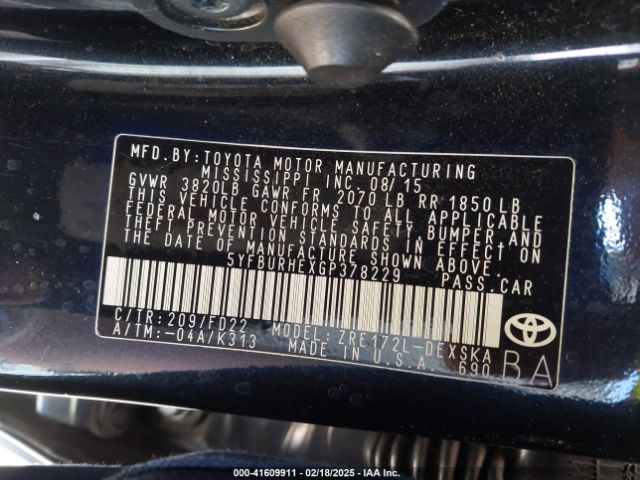 5YFBURHEXGP378229 Toyota Corolla L/le/le Pls/prm/s/s Pls