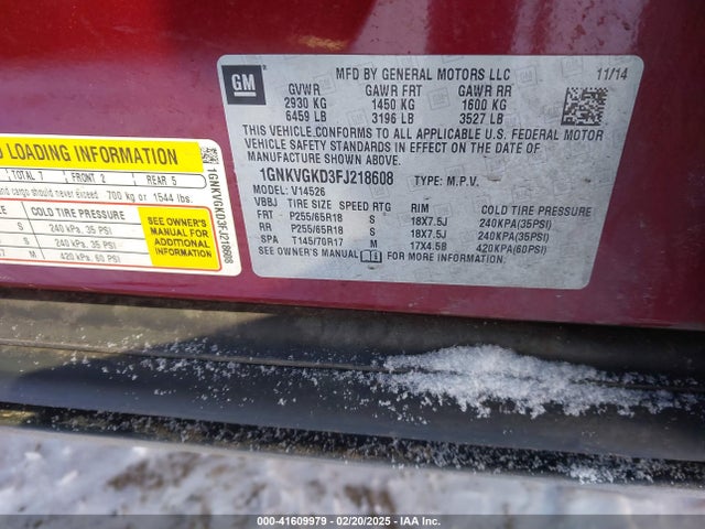 Chevrolet Traverse 1lt 2015 1GNKVGKD3FJ218608 Image 9