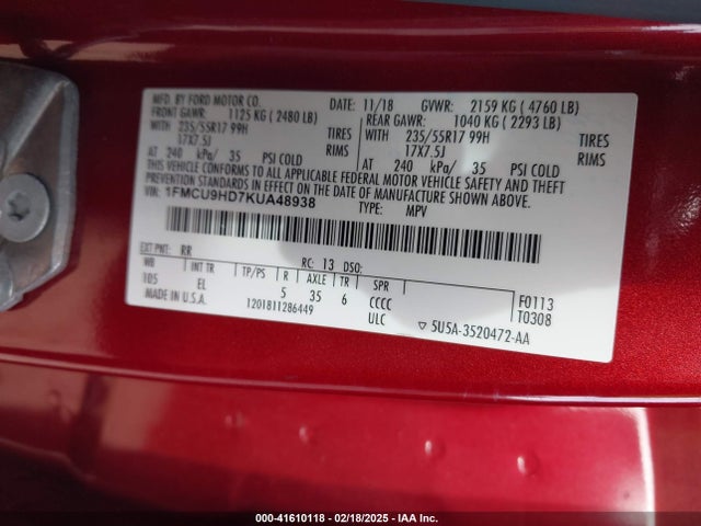 1FMCU9HD7KUA48938 Ford ESCAPE SEL