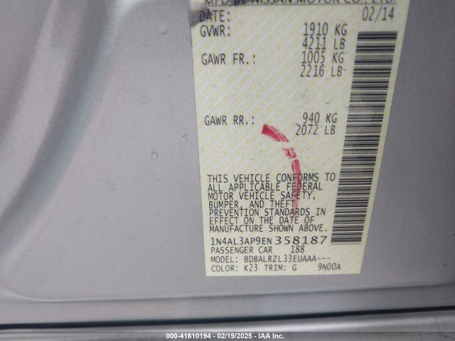 Nissan Altima 2.5 S 2014 1N4AL3AP9EN358187 Image 9