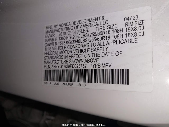 5FNYG1H29PB023752 Honda Pilot Awd Lx