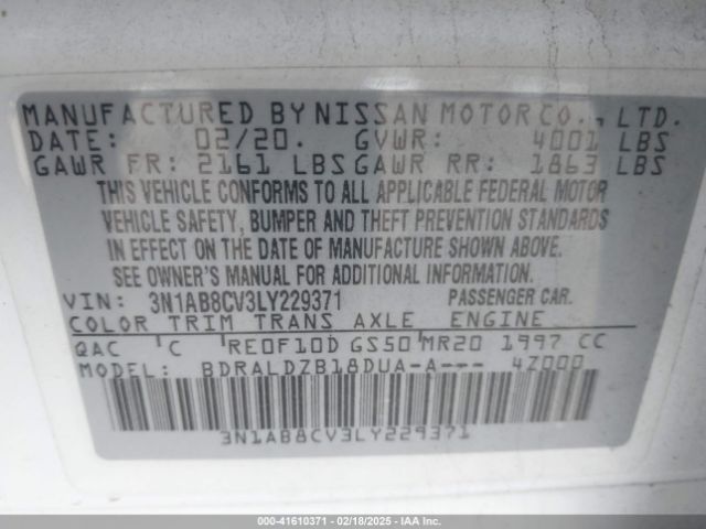 3N1AB8CV3LY229371 Nissan Sentra Sv Xtronic Cvt