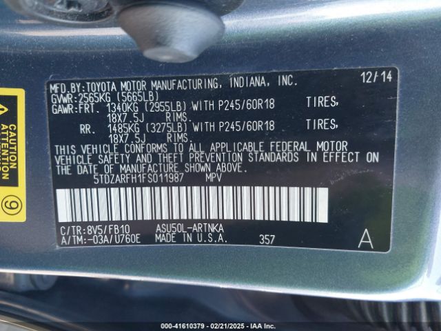 5TDZARFH1FS011987 Toyota Highlander Le