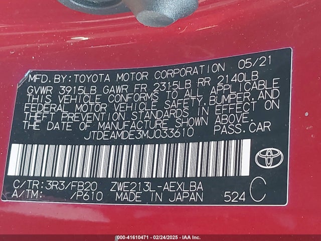 JTDEAMDE3MJ033610 Toyota Corolla Hybrid Le