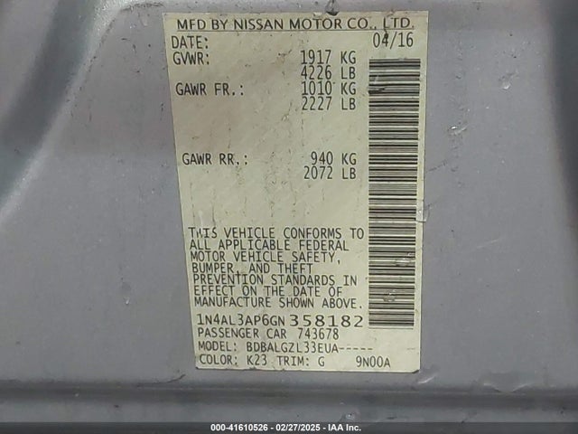 1N4AL3AP6GN358182 Nissan Altima 2.5 S