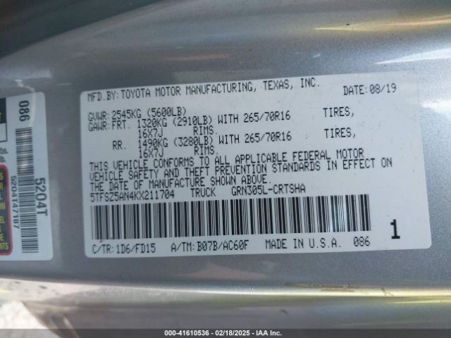 5TFSZ5AN4KX211704 Toyota Tacoma Trd Off Road
