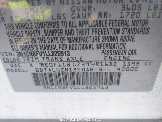 3N1CN8FV1LL825913 Nissan Versa Sr Xtronic Cvt