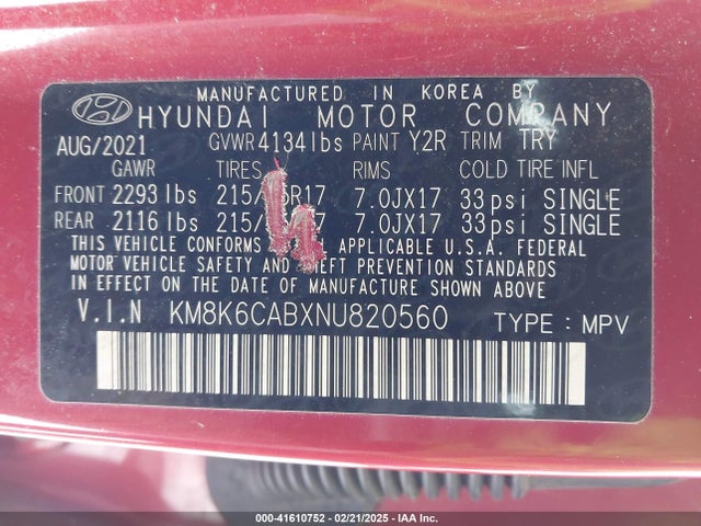 KM8K6CABXNU820560 Hyundai Kona Sel