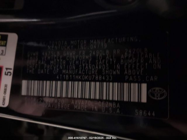 4T1B11HK0KU788433 Toyota CAMRY LE