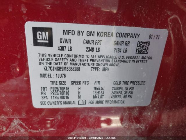 KL7CJNSB9MB358288 Chevrolet Trax Awd Ls
