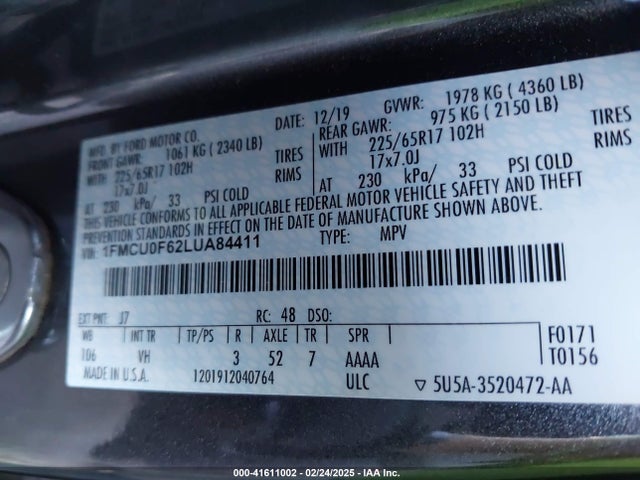Ford ESCAPE S 2020 1FMCU0F62LUA84411 Image 9