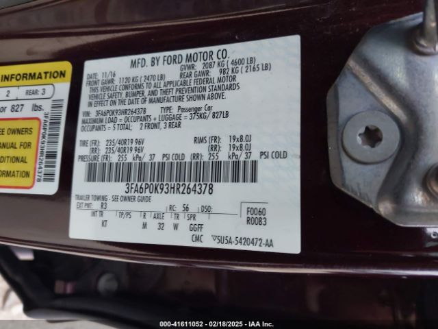 3FA6P0K93HR264378 Ford Fusion Titanium